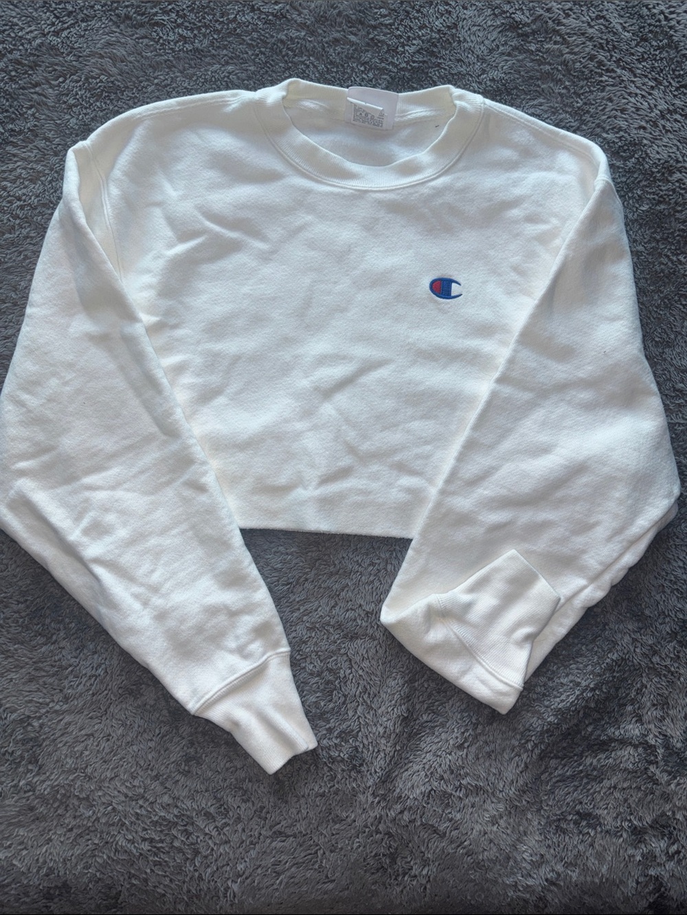 Champion White Cropped Crew Sweatshirt with Blue & Red Logo